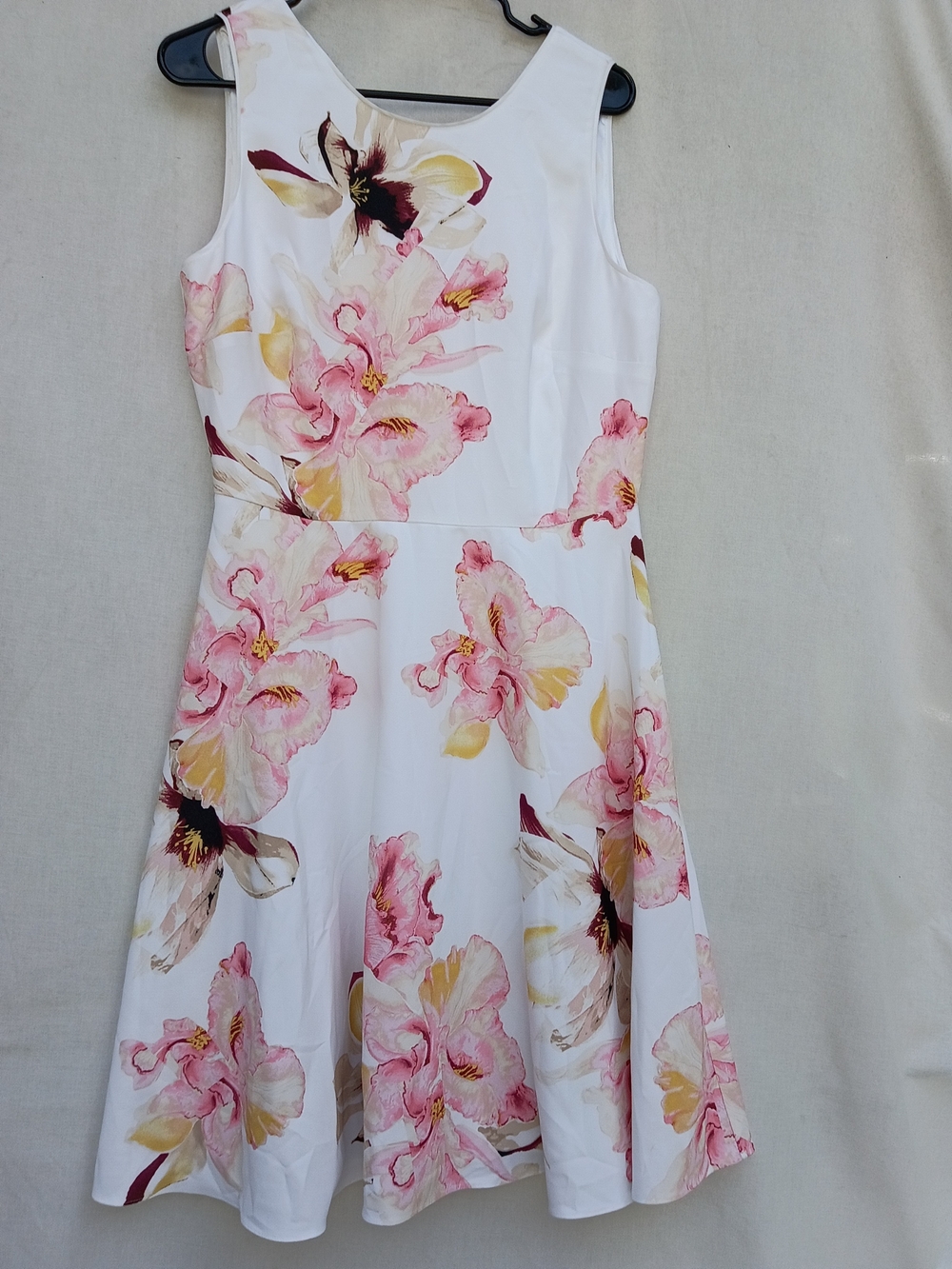 White House Black Market White Midi Dress with Pink & Yellow Floral Pattern
